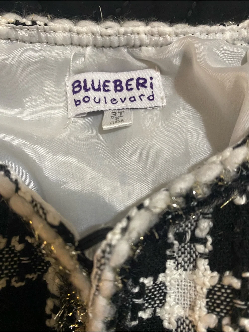 Blueberi Boulevard Girls 3T Black White Silver Trim Tweed Check Print Open Coat